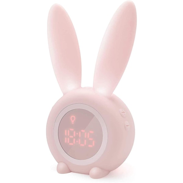 1 stk søt kaninform rosa induktiv vekkerklokke, intelligent lysjustering, visningstid/dato/temperatur, stemmekontroll