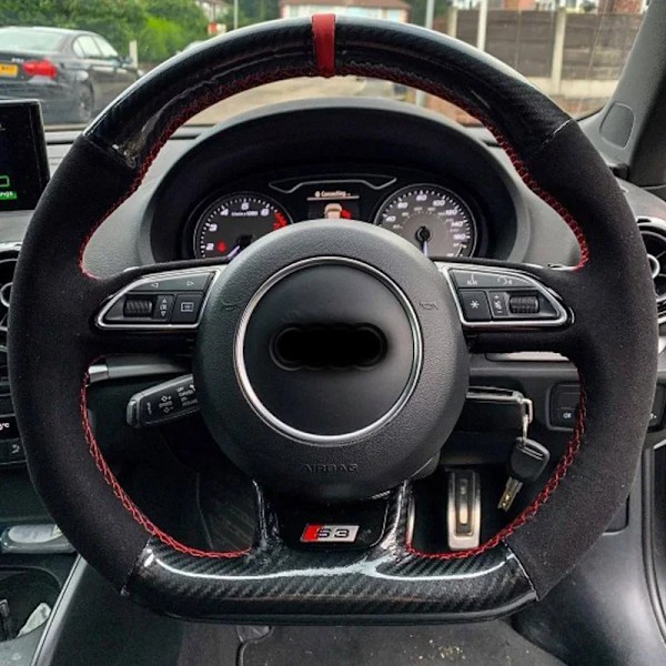 Svart mocka kolfiber läder rattöverdrag rattfläta för Audi A5 A7 RS7 S7 SQ5 S6 S5 RS5 S4 RS4 S3 2012-2018 Style 4