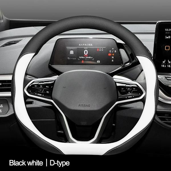 Högkvalitativt läder D-typ rattöverdrag för Volkswagen ID.3 Magotan ID.6X Golf 8 Pro ID.4 Crozz Tiguan Jetta Passat Black white