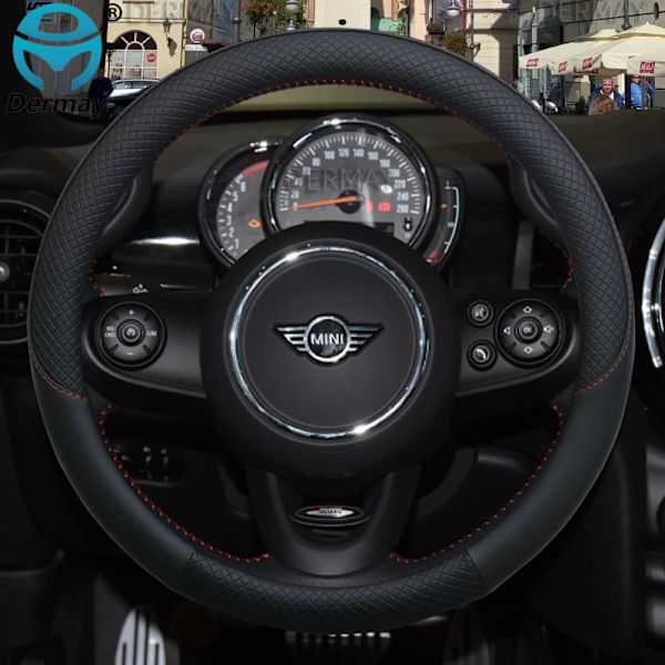 100% Dermay Märkesläder Rattöverdrag för Mini Cooper R56 Clubman Countryman Clubvan Coupé Biltillbehör black