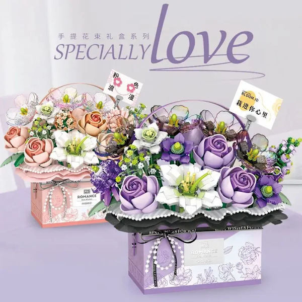 Loz nya rosa rosbukett modellbyggstenar lila blomma luminescens passar presentask tegelstenar pojkar flickor julklappar present Purple with box