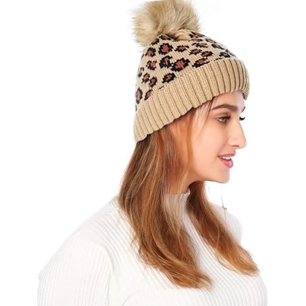 Pompom-mössa för dam - Leopardtryck - Varm stickad ull - Skidaccessoar - Akrylfiber Brown