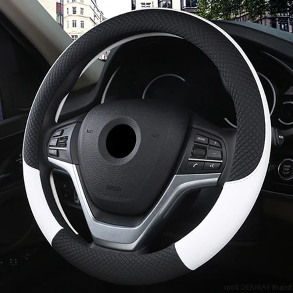 100% Dermay Märkesläder Universal Bilrattstyrningsöverdrag 37cm-38cm Bilstyling Sport Auto Rattöverdrag Halkskydd WHITE