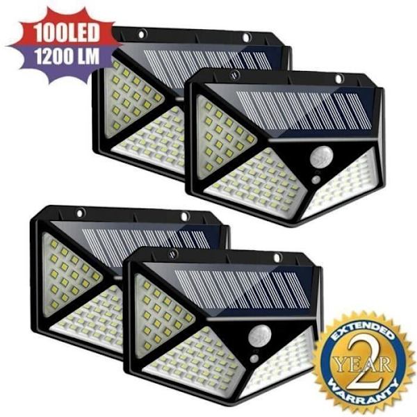 Utomhus Solcellsvägglampa - 100 LED - Med Rörelsedetektor IP65 Vattentät - Svart