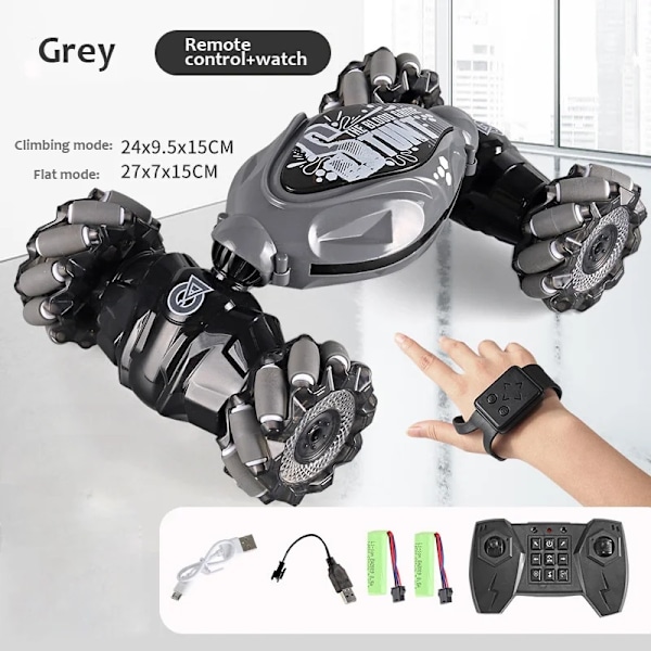 1:16 RC-bil med LED-ljus, geststyrd deformation, vridning, 360° roterande klätterbil, fjärrstyrd bil, pojkleksaker, present 2B Grey add watch