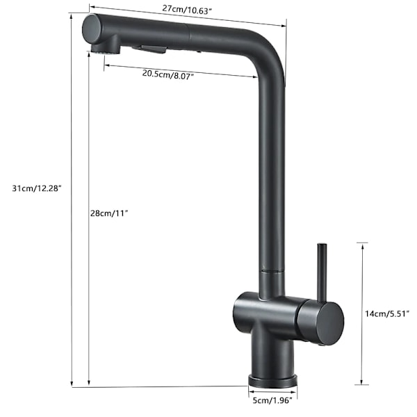 Shinesia svart kökskran med två spraymunstycken, enkelgrepp, 360° roterande, rostfritt stål Matte Black-304