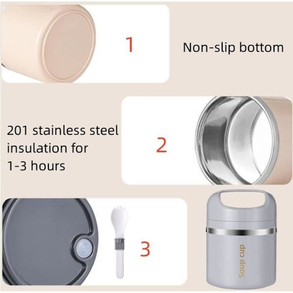Isolerad matbehållare - Termos - Rostfritt stål - 450 ml - Portabel - Ljusgrå Light gray