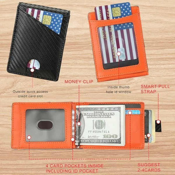 Plånbok - Herr - Smal Läder - RFID-skydd - 12 Kortfack - Sedelklämma - Orange Orange