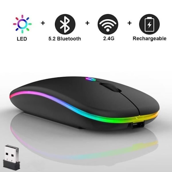 Trådlös mus - Lecoo - Bluetooth och 2,4 Ghz - Tyst - Ergonomisk - Uppladdningsbar - 7 LED-färger Black