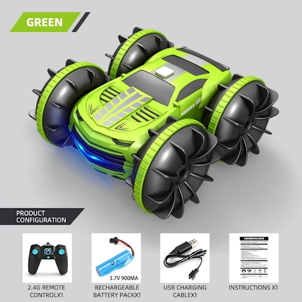 4WD dubbelstyrd RC-bil 2-i-1 fjärrstyrd båt 2.4G geststyrning radio stuntbil vattentät terrängleksak för barn green Single Remote