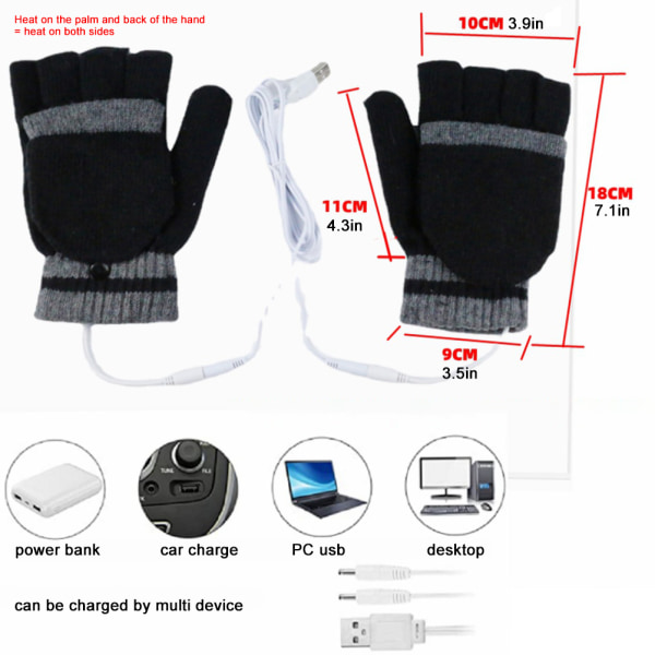 USB-oppvarmede hansker for menn kvinner Vintervarme bærbare hansker Hele halve hender oppvarmede fingerløse hansker Vaskbar design