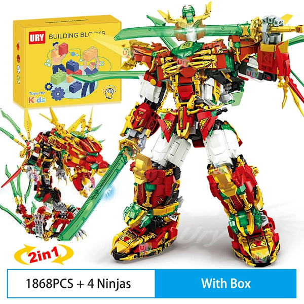 2-i-1 Ninja Röd Krigare Robotstridsmekanism Flygande Elddrake Set Stridande Figurer Byggklossar Leksaker för Barn Pojkar Julgåva 1868PCS-With Box