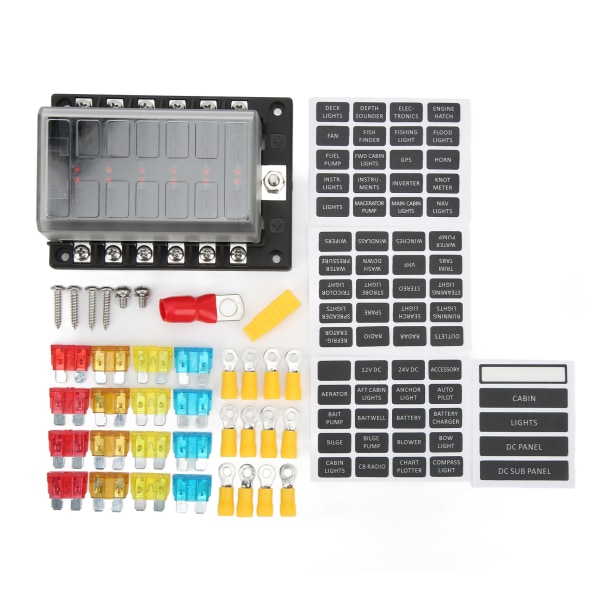 Universal 1 in 12 ut säkringshållare elektrisk säkringsbox 10‑32V med LED varningsindikatorer för bilbåt husbil