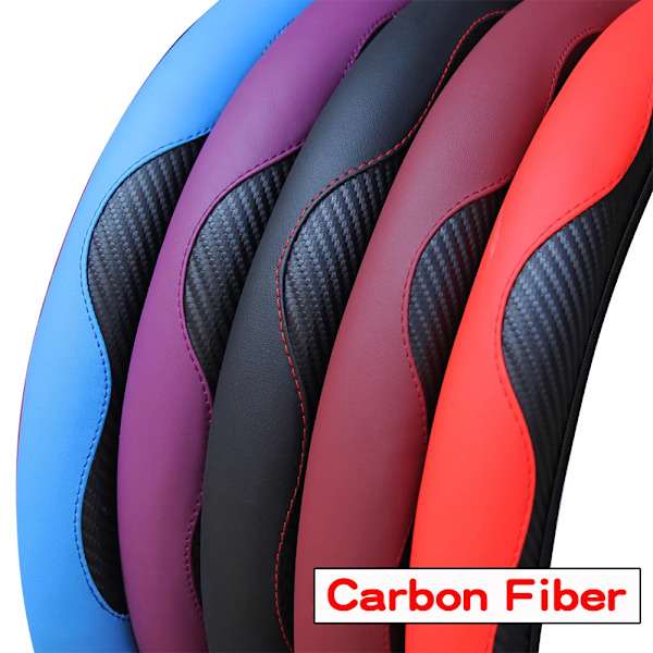Rattstyrningsöverdrag för bil, andningsbart, halkfritt, PU-läder, passar 37-38,5 cm, bildekoration, kolfiber Red
