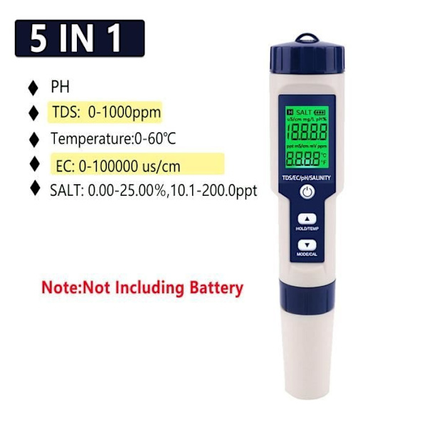 Mät-Kontroll, 10-i-1 Vattenkvalitetstestare, Ph-Ec-Tds-Salthalt-Termometertestare, Multi-parametrar - 5-i-1 Typ1