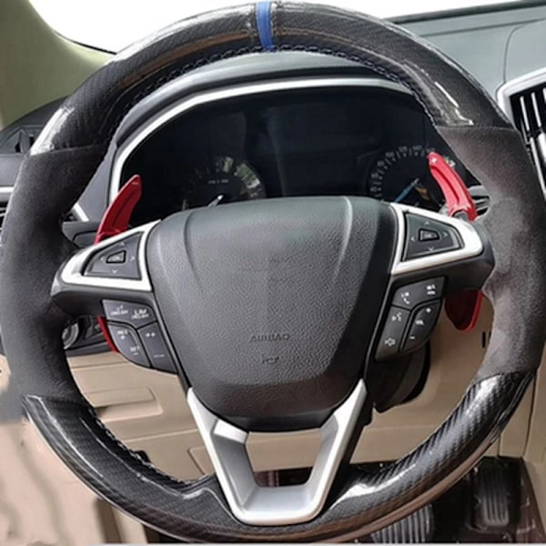 Biltillbehör svart mocka flätad handsydd rattöverdrag för Ford Mondeo Fusion 2013-2019 Edge 2015-2019 Syle 3