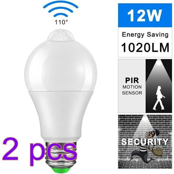Rörelsesensorlampa, Zanflare 12W E27 LED-lampa PIR Infraröd sensor, Auto På/Av (2-pack) cold white