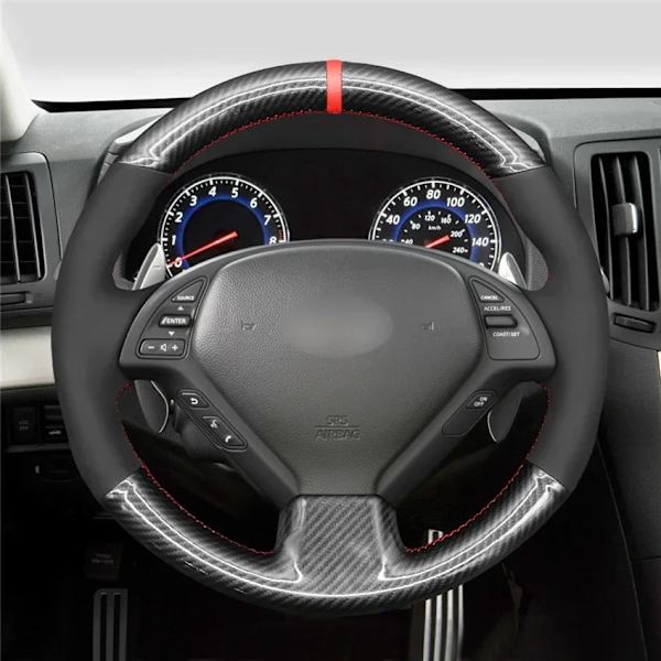 Svart konstläder rattöverdrag i kolfiberlook för Infiniti G G37 EX EX35 EX37 Q Q40 Q60 QX50 2008-2018 Nissan Skyline 2006-2014 Faux Suede(.154)