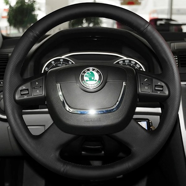 DIY svart konstläder rattöverdrag för Skoda Octavia Superb Yeti 2009 2010 2011 2012 2013 Roomster Fabia