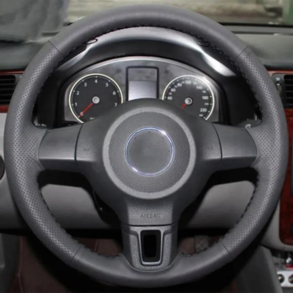 Handsydd svart konstläder rattöverdrag för Volkswagen Golf 6 MK6 VW Polo MK5 2010 2011 2012 2013