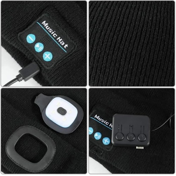 Bluetooth 5.0 Led Mössa med Hörlurar Mikrofon Trådlöst Headset Svart Kraftfull Uppladdningsbar Pannlampa Män Kvinnor Vinter