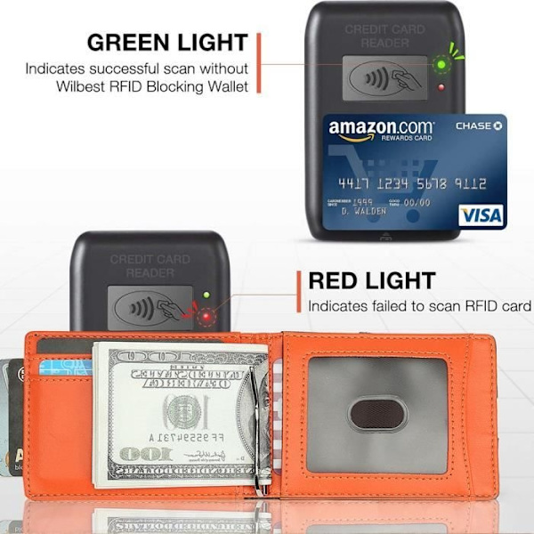 Plånbok - Herr - Smal Läder - RFID-skydd - 12 Kortfack - Sedelklämma - Orange Orange