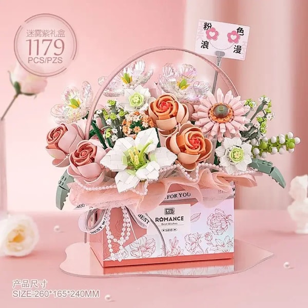 Loz nya rosa rosbukett modellbyggstenar lila blomma luminescens passar presentask tegelstenar pojkar flickor julklappar present Pink no box