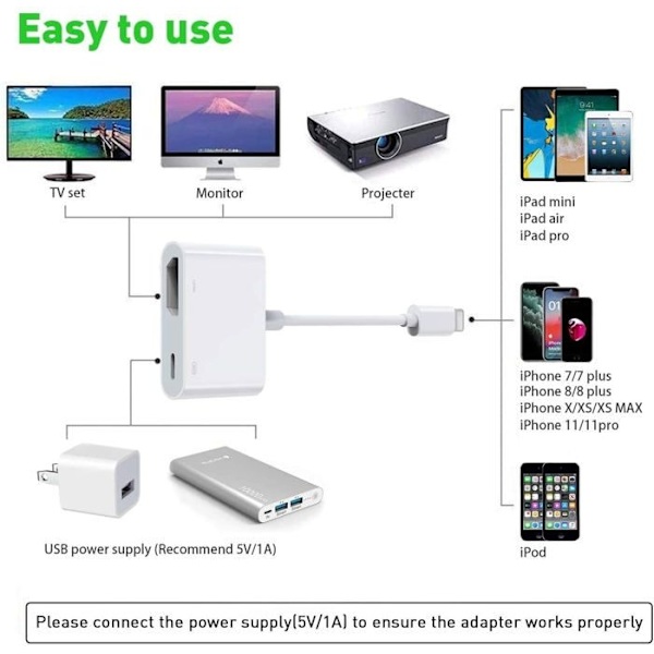 HDMI-adapter för kompatibel med Iphone till TV, 1080P Digital AV-adapter, Synkroniseringsskärm, HDMI-anslutning för kompatibel med Iphone och Ipad