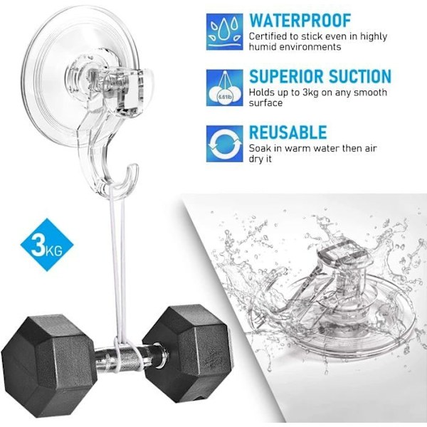 Förpackning med 6 70 mm kraftfulla sugkoppskrokar, sugkopp för kök och badrum, transparent plast