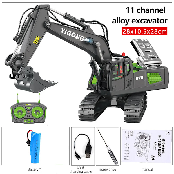 2.4g högteknologisk 11-kanals RC grävmaskin dumper lastbilar bulldozer legering plast ingenjörsfordon elektroniska leksaker för pojkar presenter BC1043 Black 1B