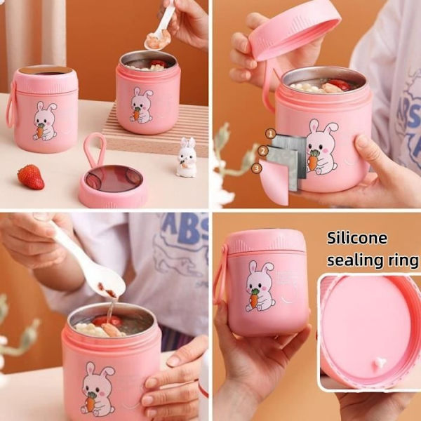 Isolerad matbehållare - Rostfritt stål - 500 ml - Rosa (Kanin) - Läcksäker - Vikbar sked Rose (Rabbit)