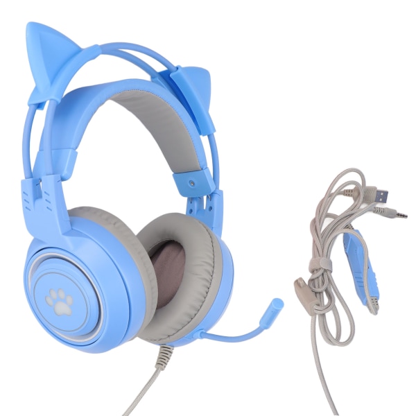 SYG25 Cat Ear Gaming Headset USB+3,5 mm plugg Gaming Headset støtter volumjustering Mikrofondemping (blå)