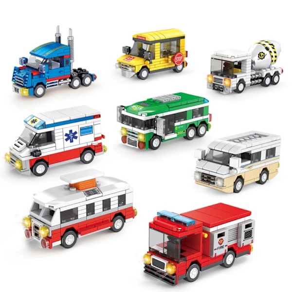 Stadsbyggklossar - Skolbuss, Husbil, DIY-modellbil, Ambulans, Klossar för barn, Pedagogisk monteringsspel, Present Bus  lights of