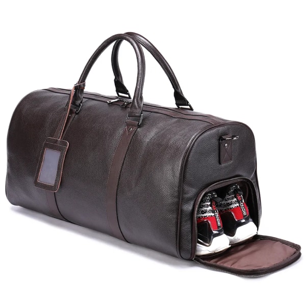 Men's waterproof large capacity leather weekend luggage travel bag brown