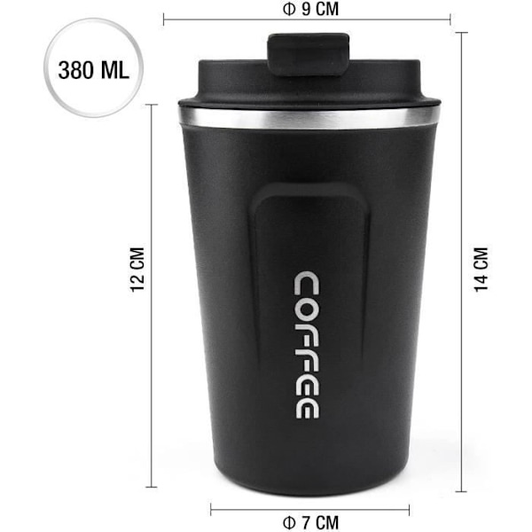 Isolerad Mugg - Rostfritt Stål - 380 ml - Läcksäker - BPA-fri - Svart Black