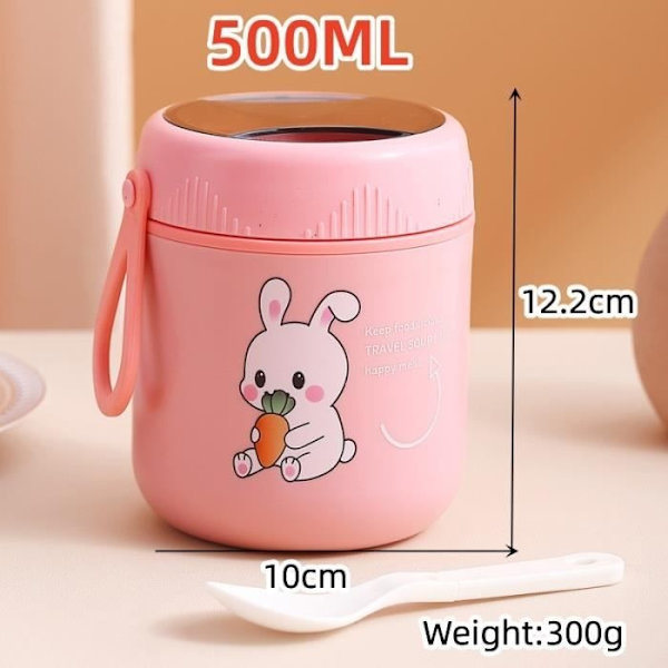 Isolerad matbehållare - Rostfritt stål - 500 ml - Rosa (Kanin) - Läcksäker - Vikbar sked Rose (Rabbit)