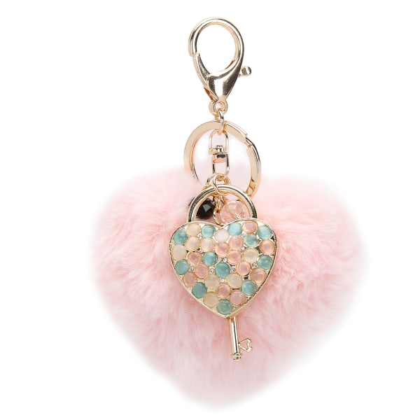 Hjerteformet fluffy plysbold nøglering vedhæng håndtaske dekorationer til piger kvinder (Pink Colorful)