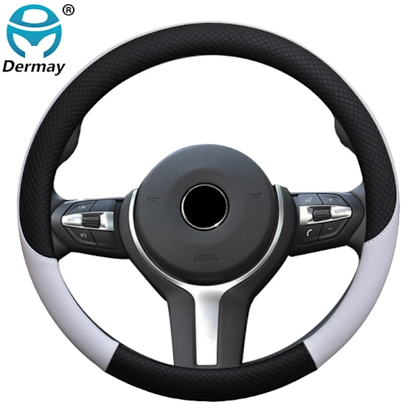 100% Dermay Märkesläder Universal Bilrattstyrningsöverdrag 37cm-38cm Bilstyling Sport Auto Rattöverdrag Halkskydd WHITE