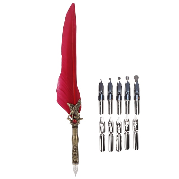 Feather Pen Craft Retro udskåret rustfrit stål dip blyant til signatur gavebord dekoration Crimson