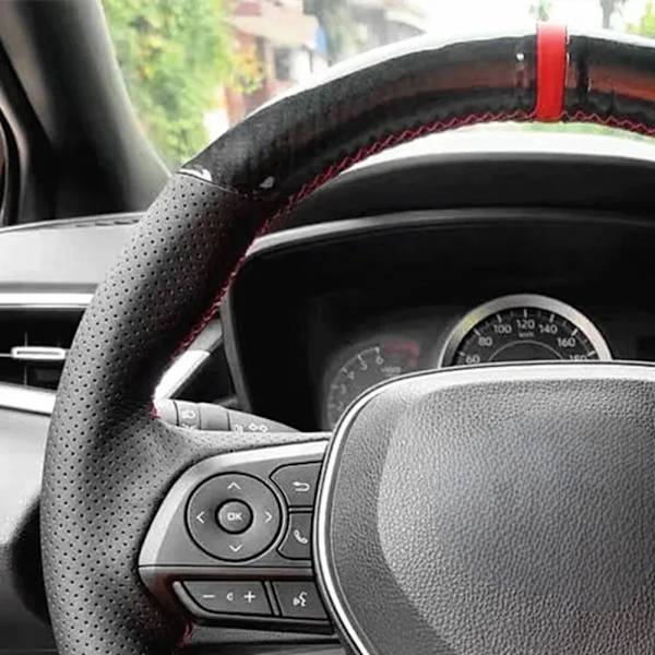 Rattstyrningsöverdrag i svart äkta läder med kolfiber för Toyota Camry 2018-2019 Avalon 2019 Corolla 2019-2020 RAV4 2019