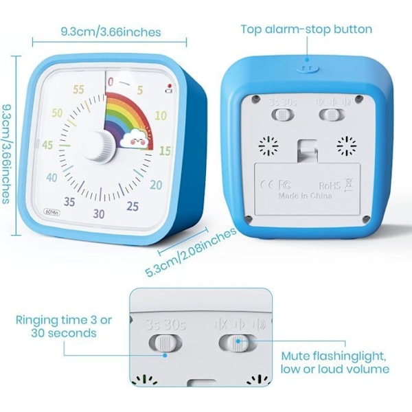 Timer för barn, 60 minuters nedräkningstimer för barn och vuxna (Regnbågsblå)