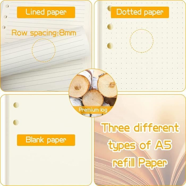 A5 Ark, 120 Sidor Blankt Papper + Linjerat Papper + Prickat Papper, 6 Hål A5 Refill Papper Med 5 Avdelare