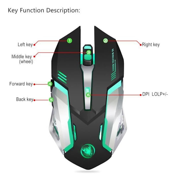 Uppladdningsbar trådlös gamingmus - Märke - Modell - 2400Dpi - 7 Andningsljusfärger Black