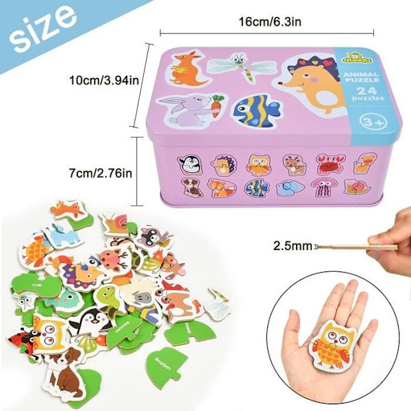 Träpussel Leksaker För Barn, Montessori Leksaker För 1 2 3 4 År Gamla, Djurpussel För Bebisar (24-pack)