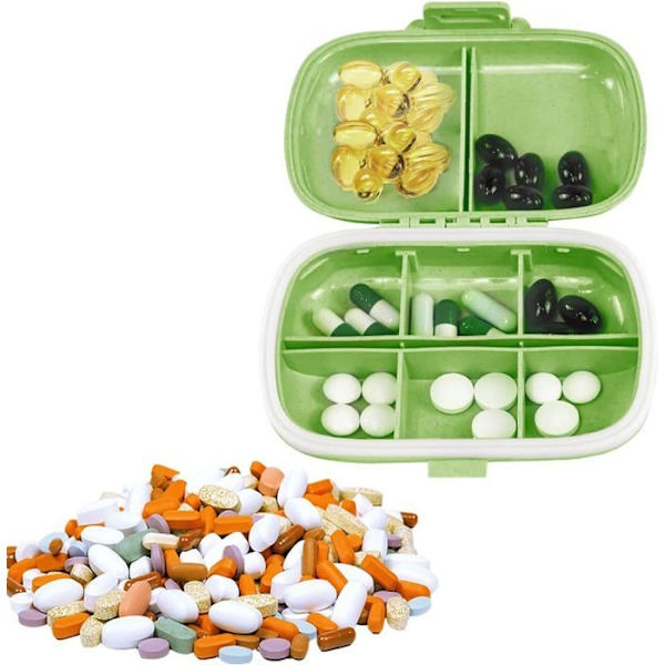 2-pack daglig pillerorganisatör, 8 fack rese-pillerbox, grön