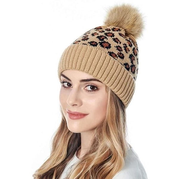 Pompom-mössa för dam - Leopardtryck - Varm stickad ull - Skidaccessoar - Akrylfiber Brown