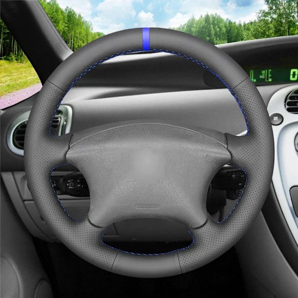 Svart PU konstläder rattöverdrag för Citroen Xsara Picasso Berlingo 2001-2010 C5 2001-2006 Peugeot Partner 2003-2008 Blue Marker