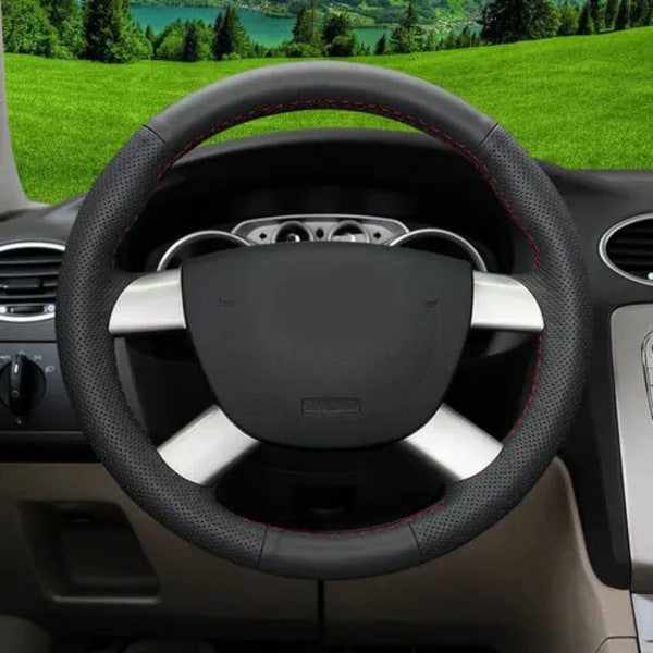 Tillbehör trim äkta läder bil rattöverdrag för Ford Focus 2 C-Max Kuga 2005 2006 2007 2008 2009 2010 red line