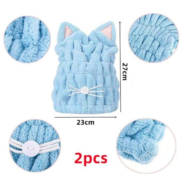 Hårtorkhandduk - Ej Specificerad - Design med kattöron - Fleece - 23X27 Cm - 2-pack pink, blue