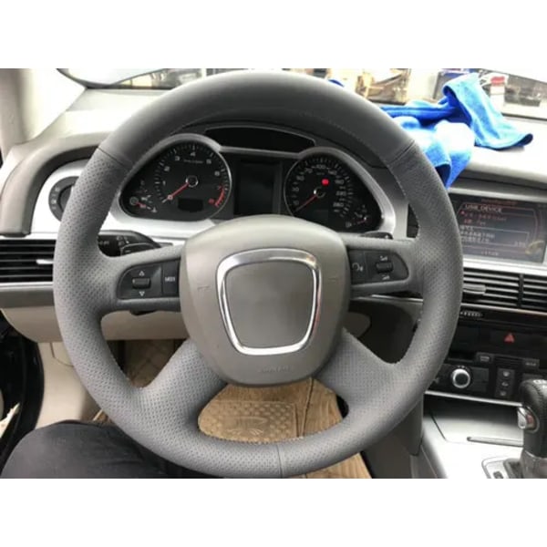 För Audi A6 C6 A4 B7 2004-2012 Q5 2007-2012 Q7 Biltillbehör Svart Läder Rattöverdrag Grey leather